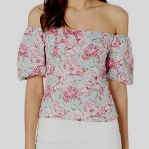 WAYF- Blue Short Sleeve Floral Altona Bustier Linen Blouse